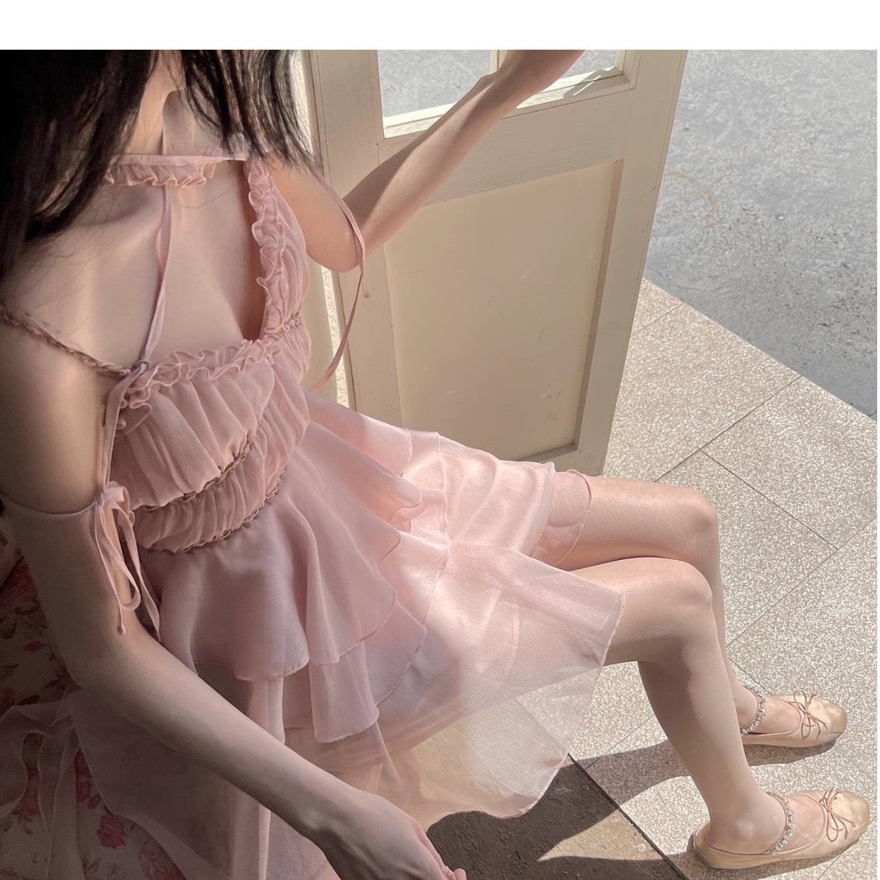 irregular ruffle high waist fairy pink dress