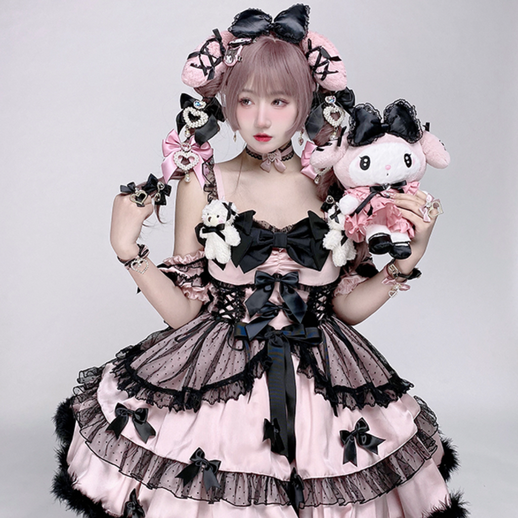 Pre-order jiraikei black pink lace puff sleeve lolita fashion dress