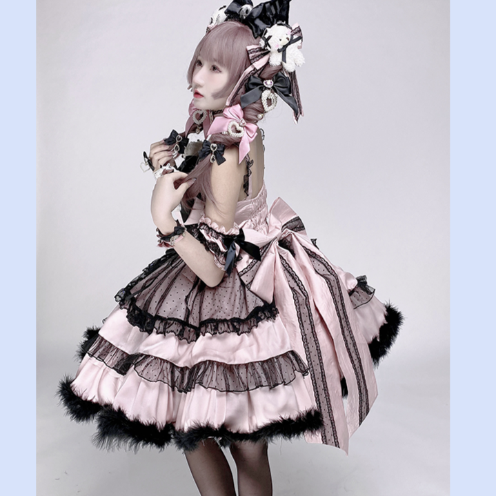 Pre-order jiraikei black pink lace puff sleeve lolita fashion dress