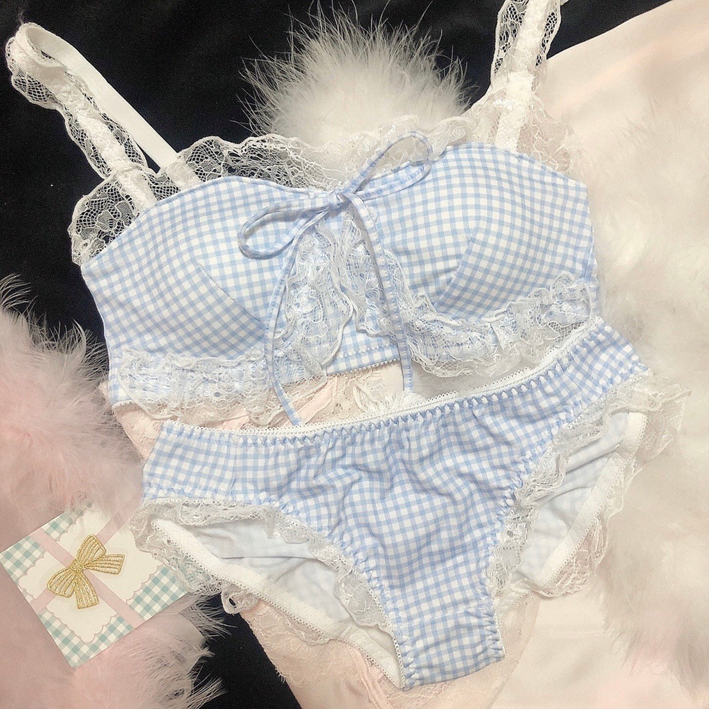 light pink check/ light blue check girly bralette bra + panties one set