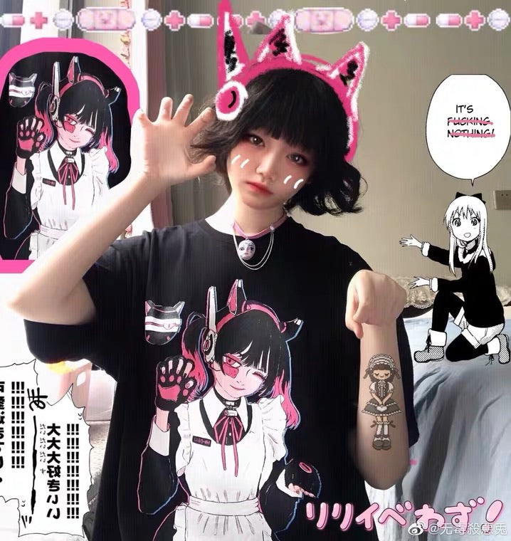 Plus Size Harajuku Menhera Yami Kawaii Fashion Anime Girl T-shirt  (Black/White)