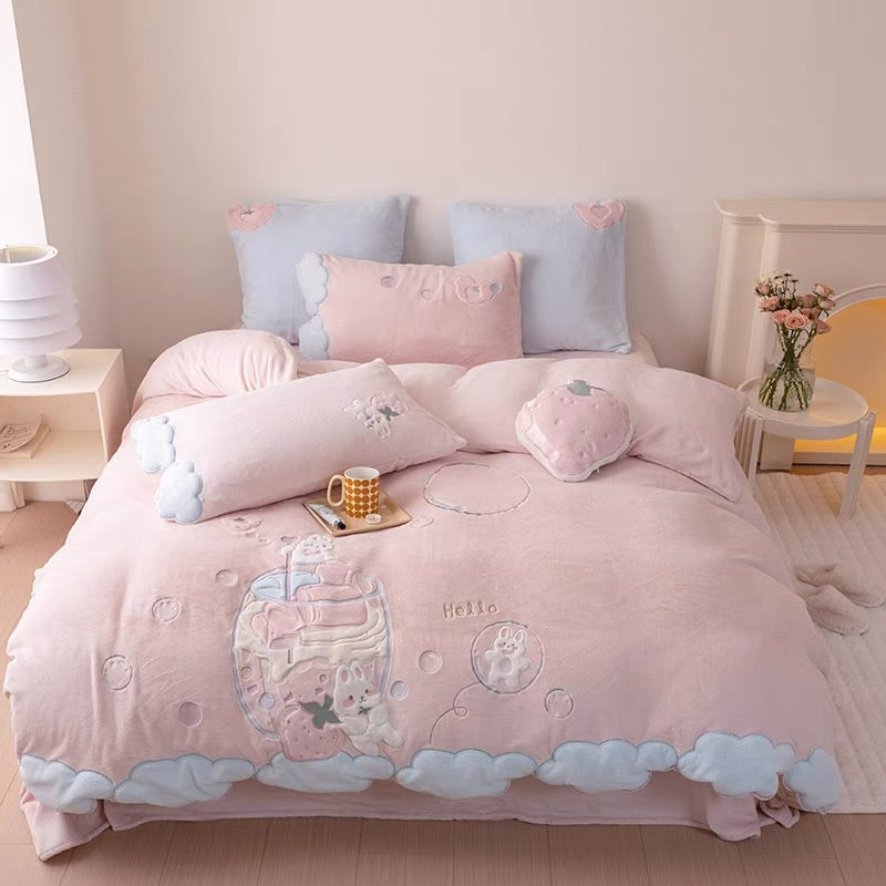 Premium collection warm and soft  milky fleece rabbit strawberry bedding set