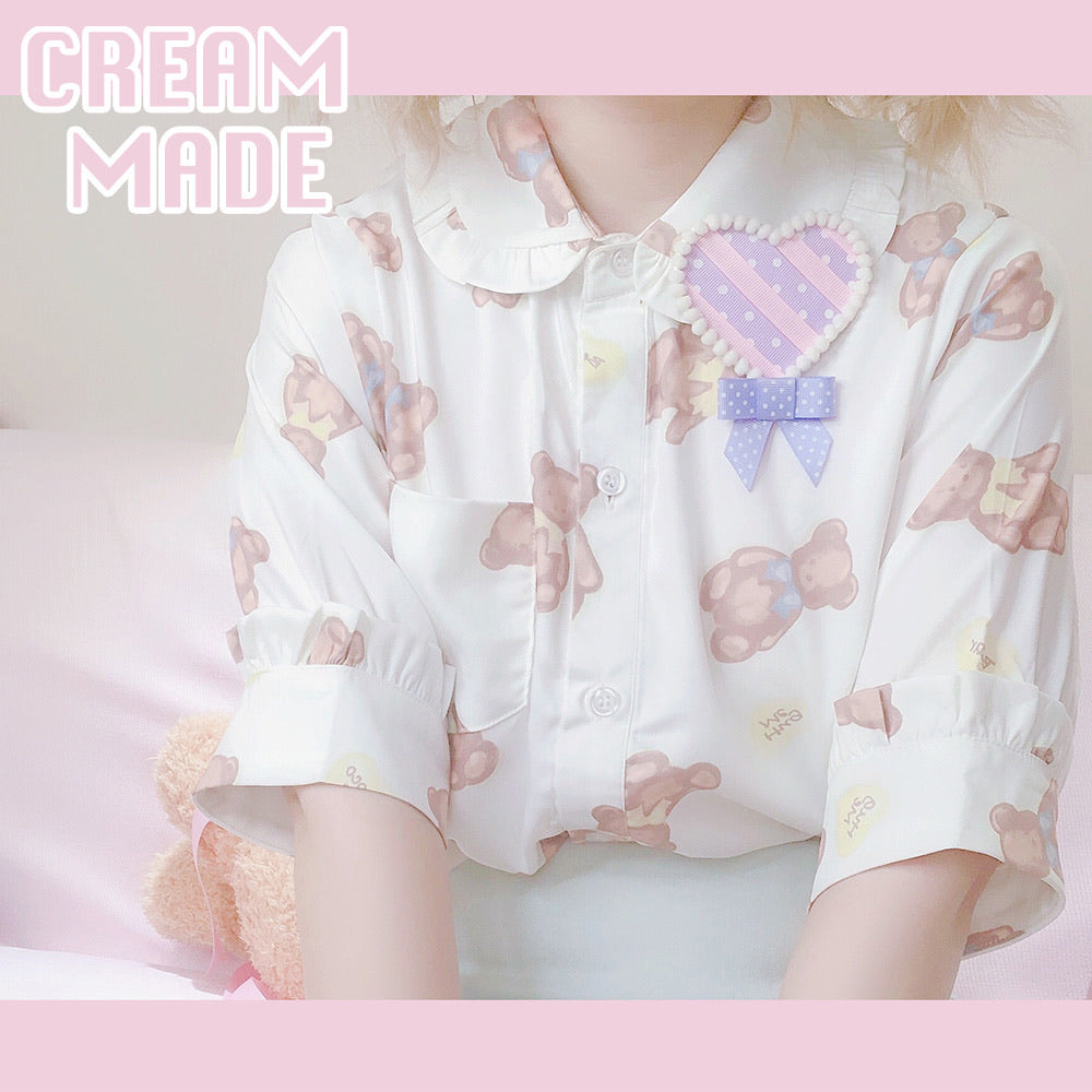 Cream made chocolate bear doll collar short sleeve shirt - EverythingCuteClub
