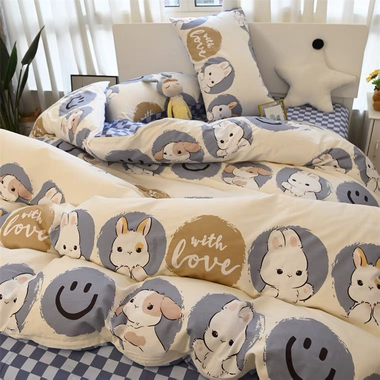 Smile face rabbit cotton bedding sets duvet cover pillow case bed sheet