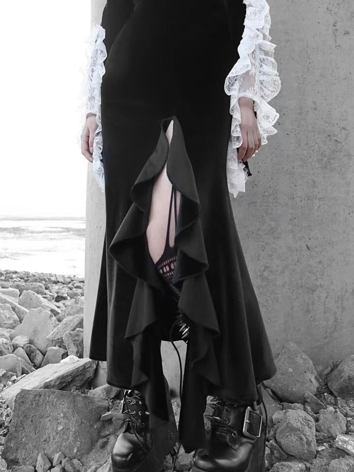 dark gothic mid century vampire night dress lace and black velvet mermaid dress