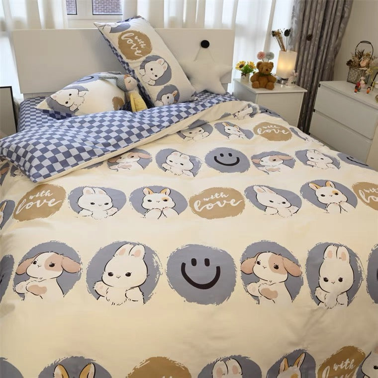 Smile face rabbit cotton bedding sets duvet cover pillow case bed sheet