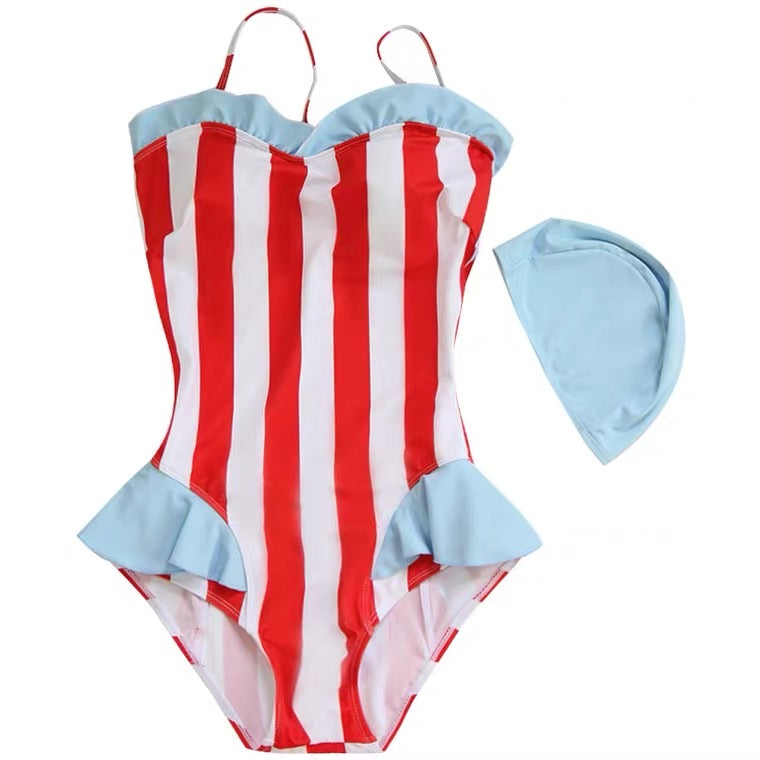 Swimsuit swim wear one piece strip red blue