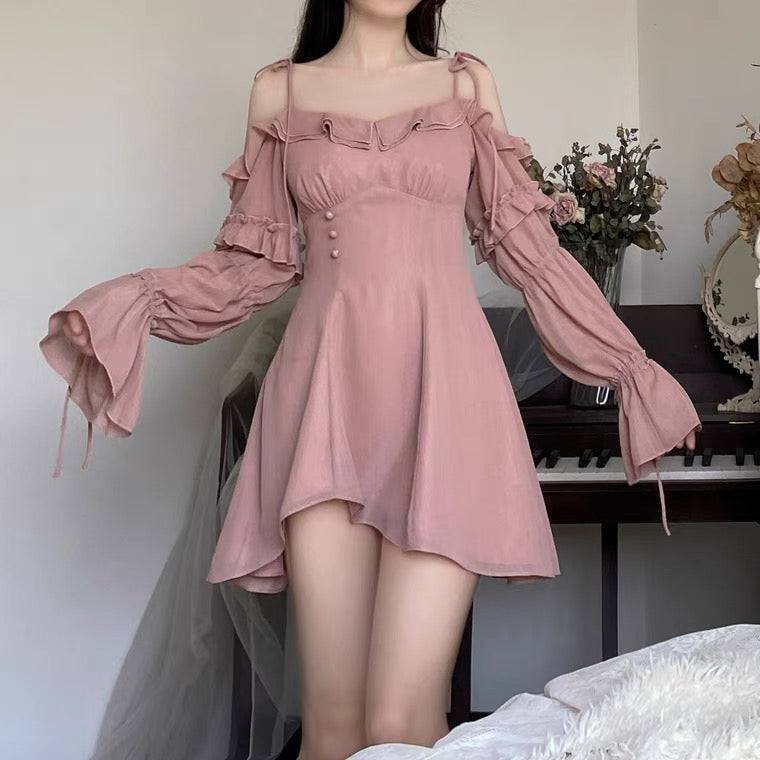 Pre-order Shiny pink/ purple off shoulder long sleeve mini dress