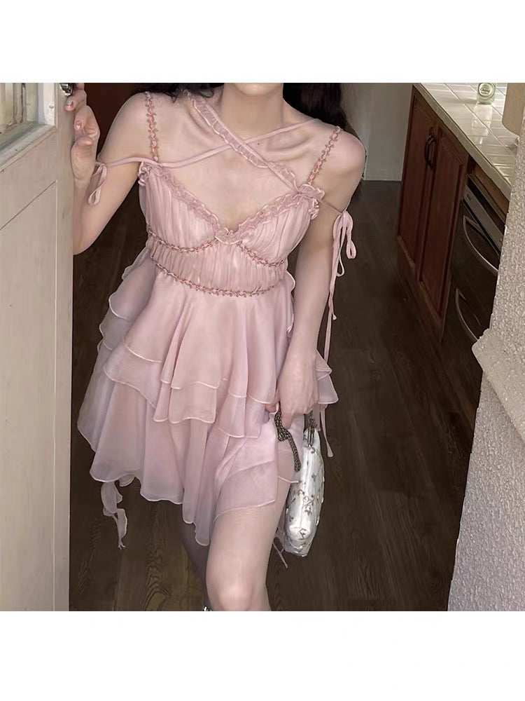 irregular ruffle high waist fairy pink dress