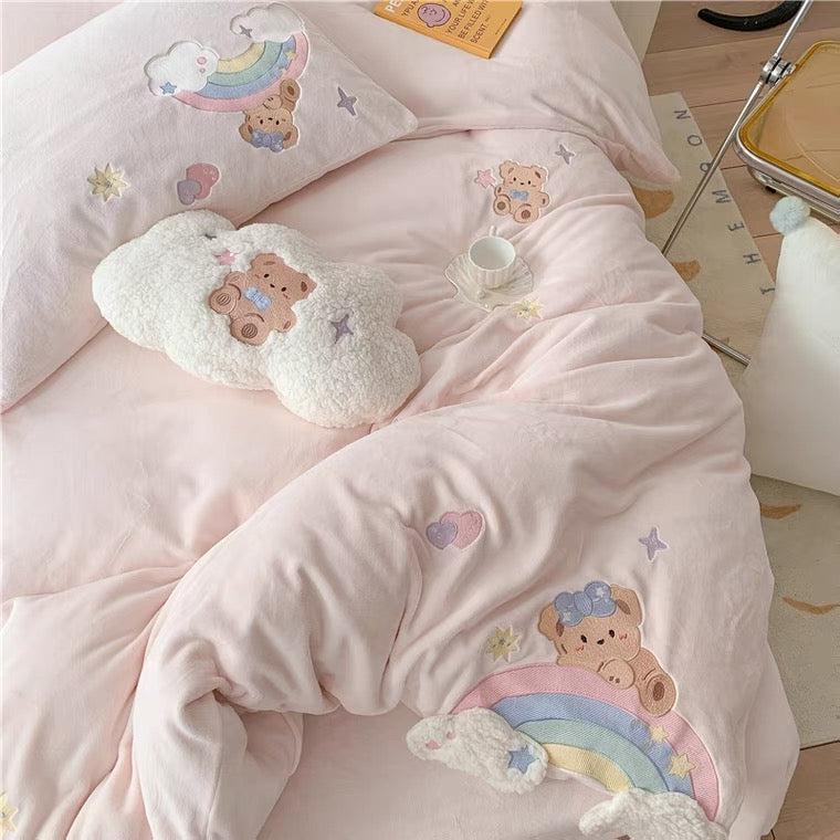 Premium baby soft fleece rainbow bear Cream yellow / baby blue/ baby pink bedding set duvet cover bed sheet pillow cases bedding set