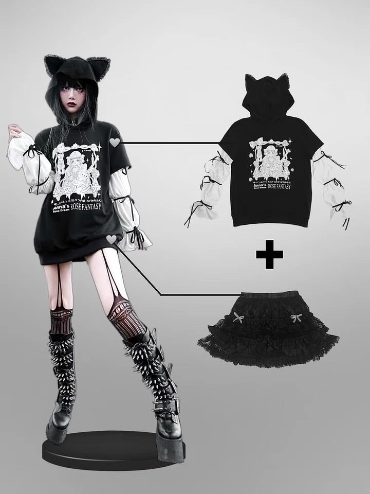 Dark goth cat ear rose fantasy anime hoodie chiffon
