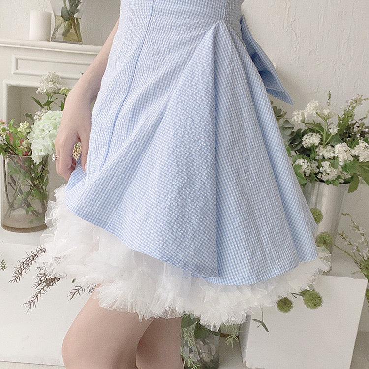 cloud blue dress with white mesh skirt