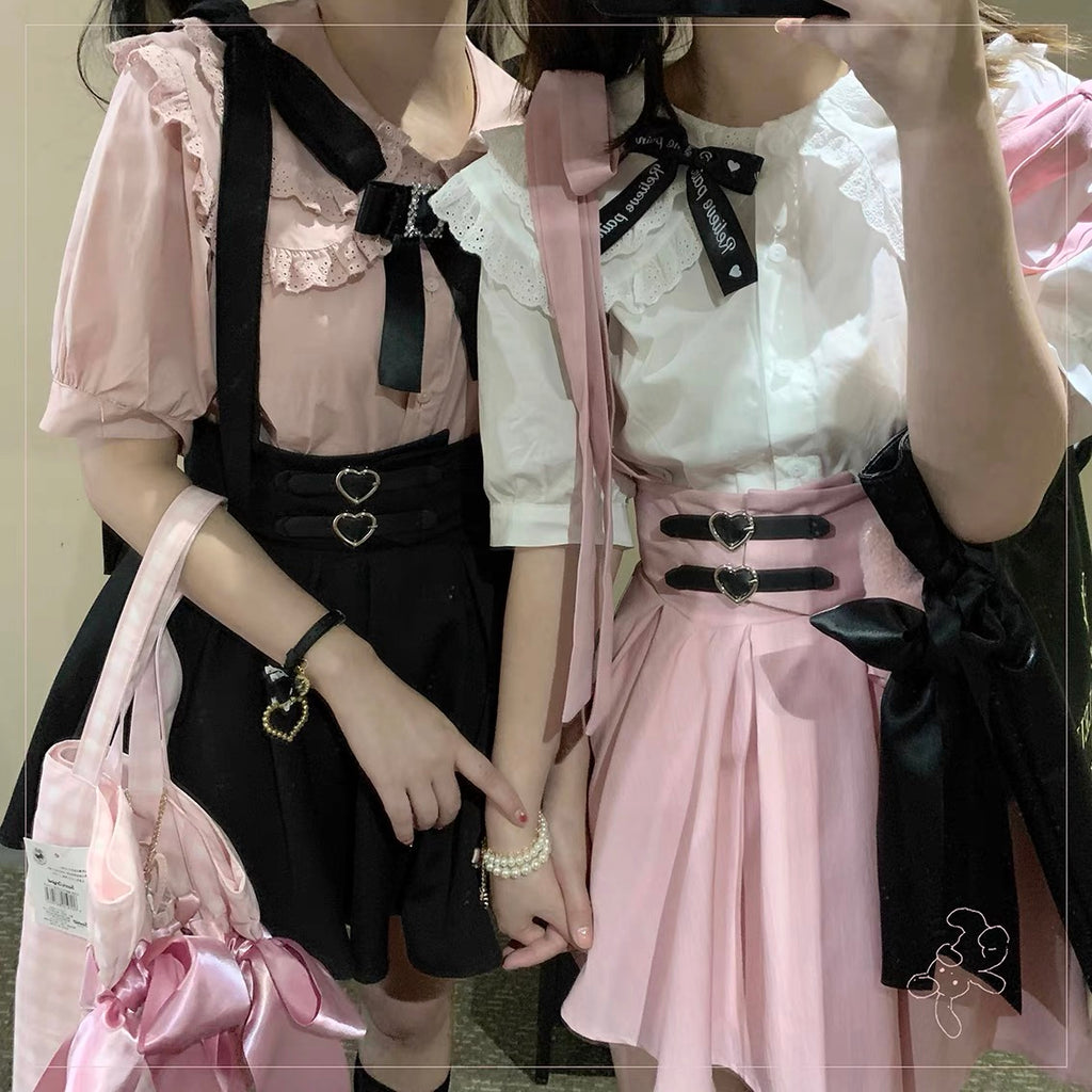 EverythingCuteClub JIRAIKEI Black Pink Strap Mini Skirt Shirt / Pink