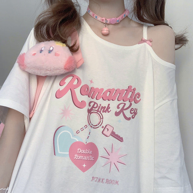 Romantic pink key off shoulder T-shirt