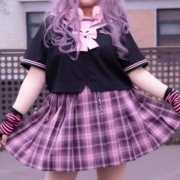 Plus size more kawaii black pink plaid skirt pleated skirt