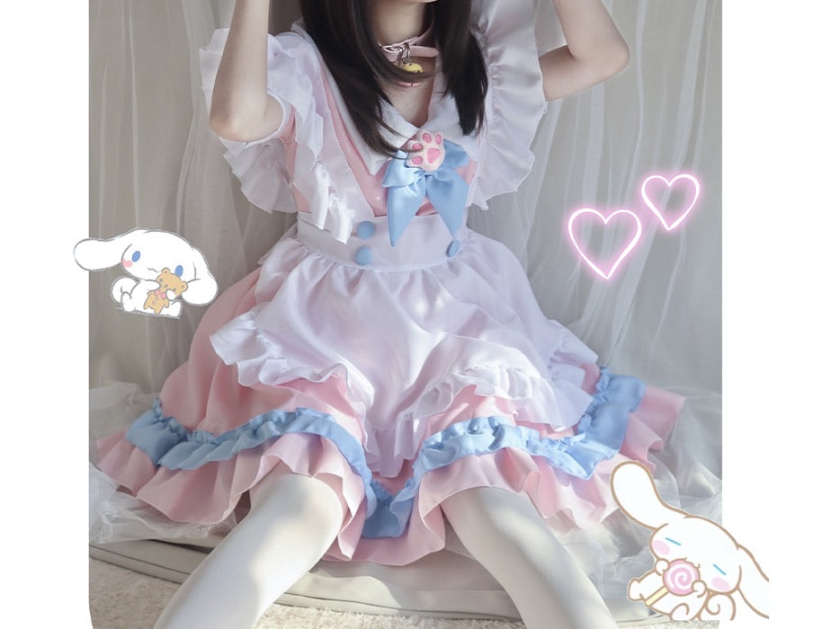 pink maid dress cosplay IEFIEL Womens French Maid Uniform Halloween Cosplay Costume Patent Leather Doll Collar A-line Dress Pink 4XL