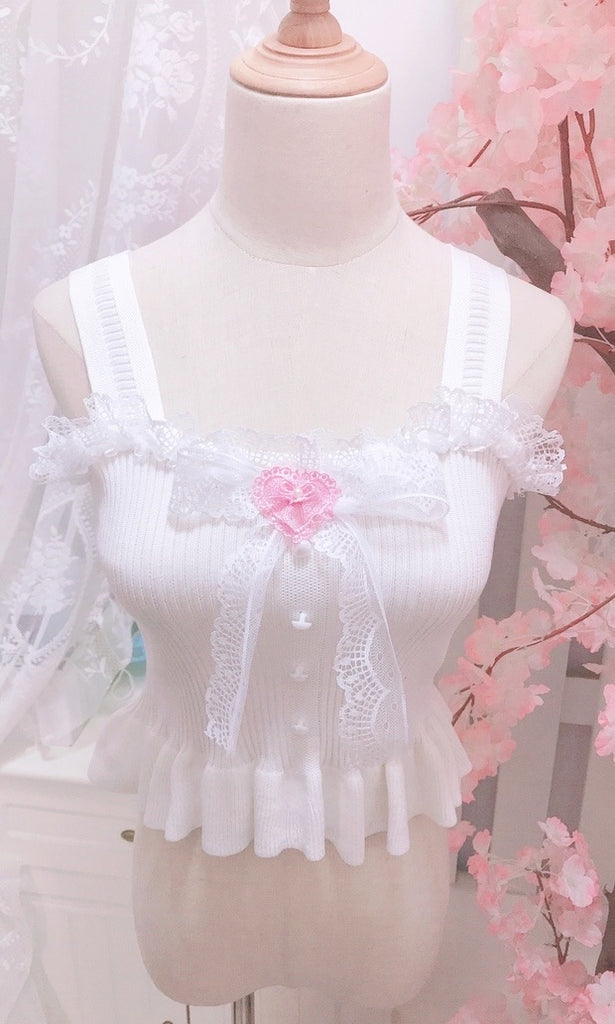 Heart shape white lace ribbon camisole vest