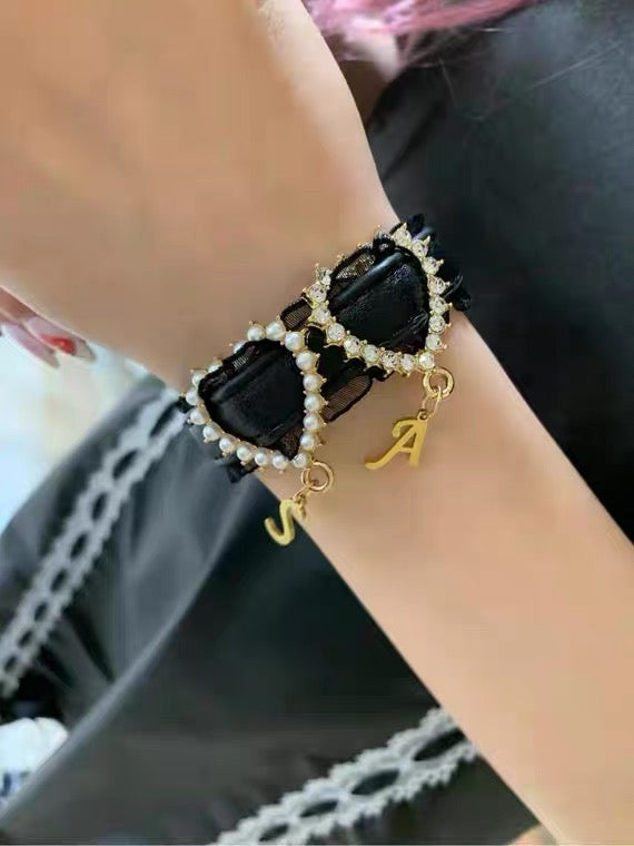 letter Rhinestone pu leather bracelet harajuku fashion Japan girly