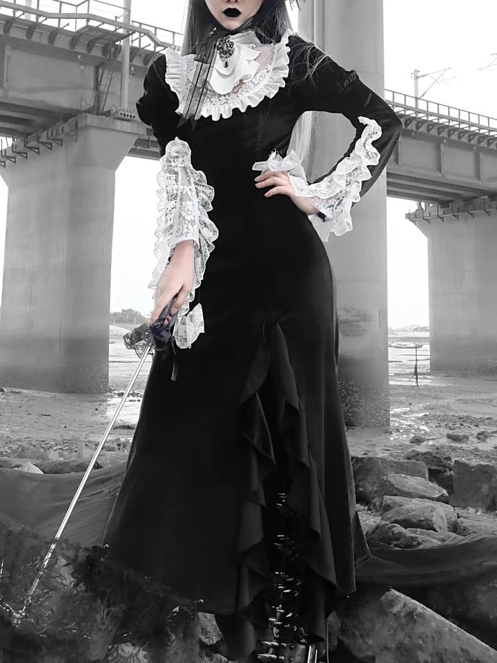 dark gothic mid century vampire night dress lace and black velvet mermaid dress