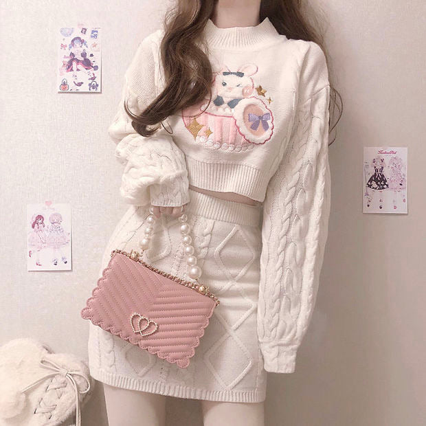 Pinky rabbit sweater one set too long sleeve + skirt cute outfit