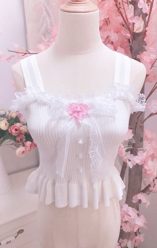 Heart shape white lace ribbon camisole vest