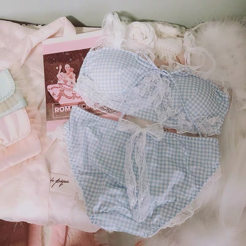light pink check/ light blue check girly bralette bra + panties one set