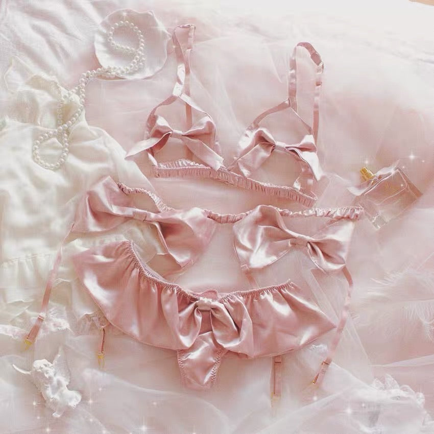 Peach pink sweet heart  sexy lingerie set (bra+panties+garters）
