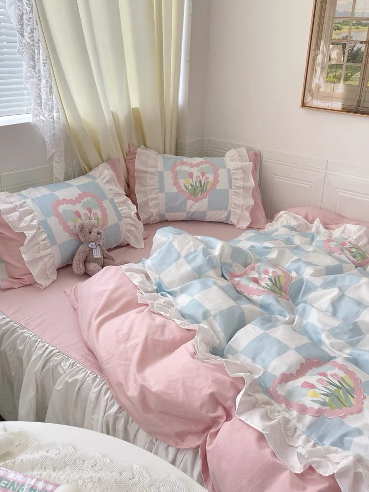Korea style check board pink blue bed linen bedding set duvet cover bed sheet pillow case