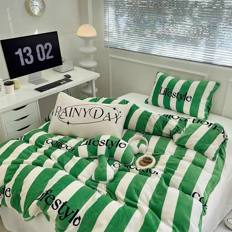 Modern Stripe black white green fleece bedding set