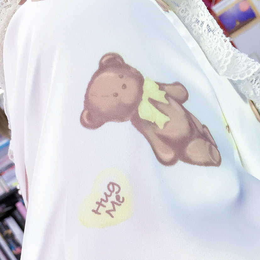 Cream made chocolate bear doll collar short sleeve shirt - EverythingCuteClub
