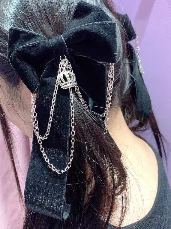 black velvet ribbon crown hair pin harajuku style