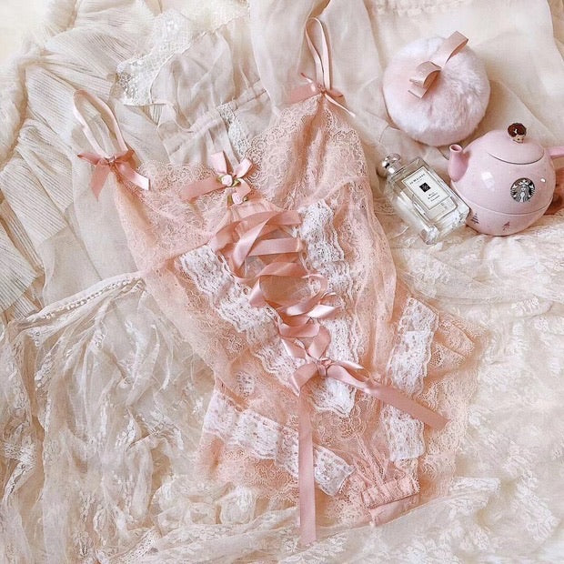 The dream of white peach lace lingerie babydoll