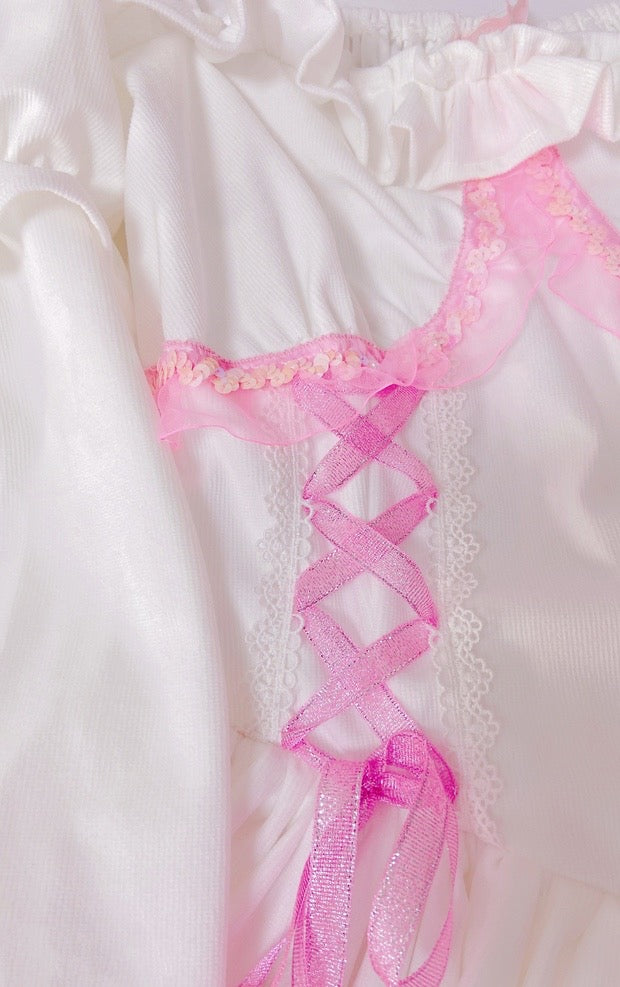 White pink sweet lotus corduroy dress